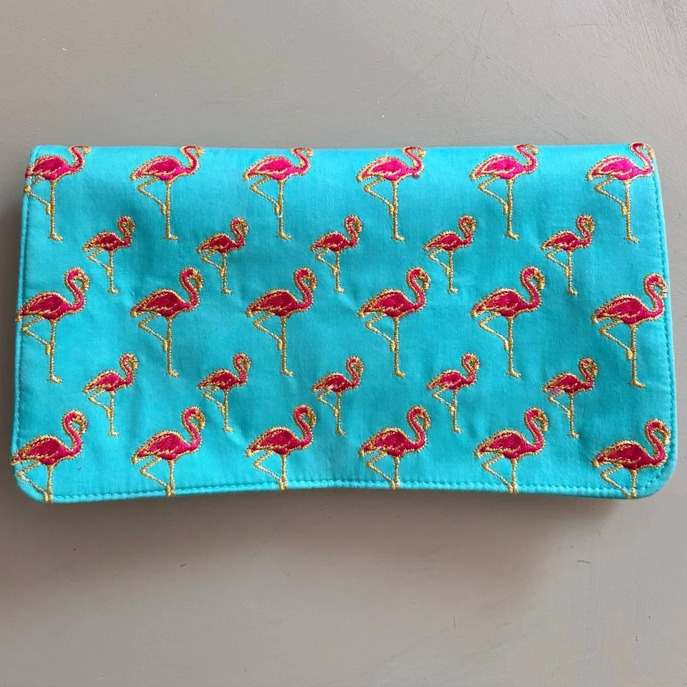 SHIRALEAH CHICAGO Satin Embroidered Flamingo Clutch Gold Chain Shoulder Bag - Picture 7 of 10